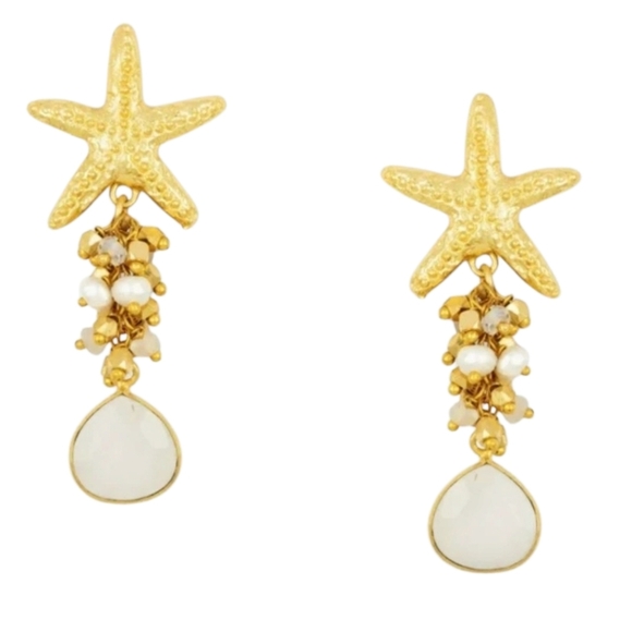 🔹 Piper k🔹Gold Starfish Freshwater Pearl Cluster Glass Stone Dangle Earrings ✨ - Picture 1 of 10